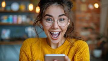 ai generado mujer haciendo gracioso cara mientras participación célula teléfono foto