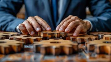 ai generado cerca arriba de persona trabajando en de madera engranajes foto