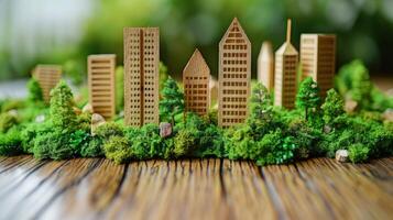 AI generated Miniature Buildings and Trees on Wooden Table photo