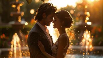 AI generated Bride and Groom Standing in Front of Fountain photo