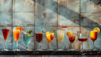 AI generated Assorted Drinks in Row of Glasses photo