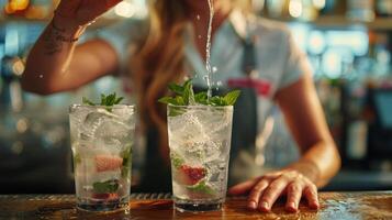 AI generated Woman Pouring Drink Into Two Glasses photo