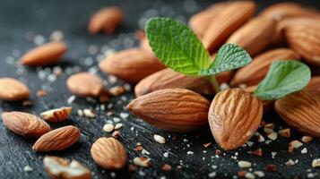 ai generado pila de Almendras con verde hoja foto