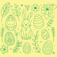 Hand-drawn easter bunny and eggs amidst spring florals on yellow background. Simple line art style vector