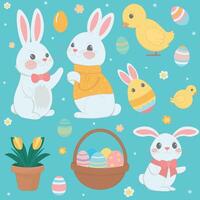 Happy Easter design elements set. Adorable bunnies in various poses, cheerful yellow ducklings, decorated eggs, and a basket filled with Easter treats, all set against a soft blue background vector