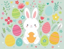 Easter bunny and holiday eggs collection, plants, flowers and branches. Charming Easter set with a cute, white rabbit holding a yellow egg. Surrounded by a variety of colorfully decorated eggs vector