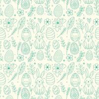 Hand-drawn easter-themed pattern featuring bunnies and eggs on a light background vector