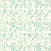 Hand-drawn easter-themed pattern featuring bunnies and eggs on a light background vector