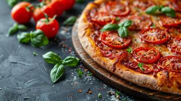 AI generated Homemade Pizza With Tomatoes and Basil on Wooden Board photo