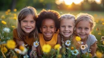 ai generado grupo de pequeño muchachas sentado juntos foto