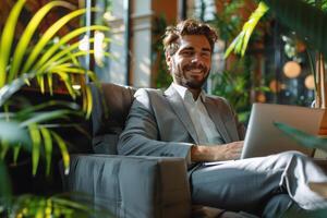 AI generated Man Working on Laptop at Desk photo