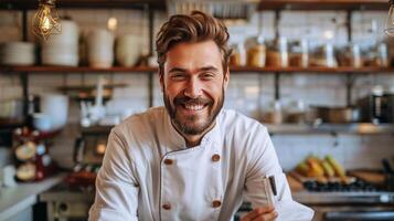 ai generado sonriente cocinero en cocina foto