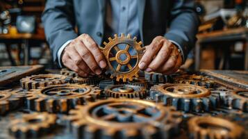 AI generated Close Up of Person Working on Wooden Gears photo