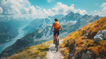 ai generado hombre montando bicicleta abajo montaña sendero foto