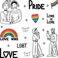 grabado mano dibujado conjunto de lgbt elementos orgullo colección vector