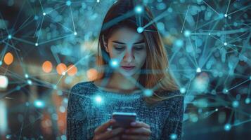 AI generated Woman Checking Cell Phone in Front of Light Network photo