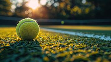 ai generado tenis pelota en tenis Corte foto