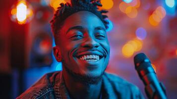 ai generado hombre con rastas sonrisas a micrófono foto