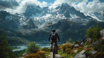 AI generated Man Riding Bike Down Mountain Trail photo