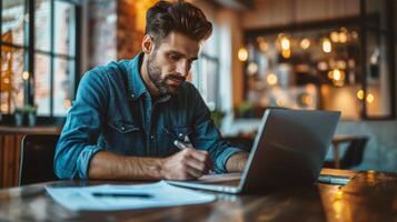 ai generado hombre con lentes trabajando en ordenador portátil foto