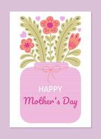 Happy Mother's Day greeting card with flowers in a vase in flat style vector