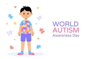 World Autism Awareness Day banner with boy wearing puzzle t-shirt. vector