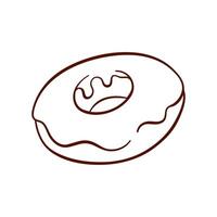Donut with icing in line art style. Simple cupcake icon for logo, bakery and cafe menu. Vector illustration isolated on a white background.