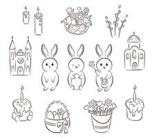 Easter line art spring collection. Outline set with Bunny rabbit, church, pie, cake. candle, basket with flowers and willows. Vector illustration isolated on a white background.