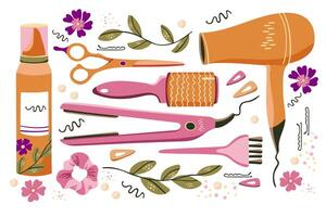 Hand drawn hairdresser tools for a beauty salon, hairdresser or stylist. Decorative set of vector illustration