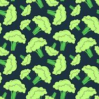 Vector seamless pattern of broccoli on a dark background. Drawing for banner, background or textile.