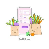 el concepto de ordenando comestibles en línea desde un teléfono inteligente comprando vegetales y frutas mediante un móvil solicitud. orden y entrega en el en línea supermercado. vector ilustración.