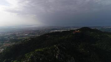Aerial View of Sintra Natural Park with Pena Palace and Moorish Castle in the Mountains video