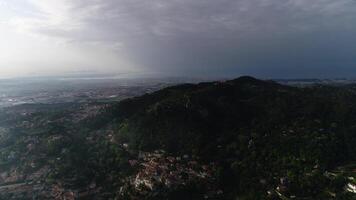 Aerial View of Sintra Natural Park with Pena Palace and Moorish Castle in the Mountains video