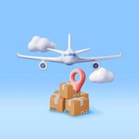 3D Delivery Airplane and Cardboard Boxes Isolated on White. Render Express Delivering Services Commercial Plane. Concept of Fast and Free Delivery by Aircraft. Cargo and Logistic. Vector Illustration