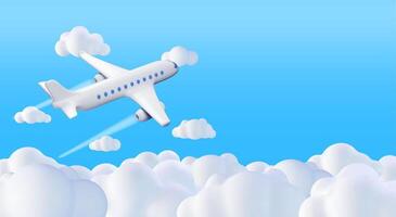 3D White Realistic Airplane in Clouds. Render Passenger or Commercial Jet Icon. Time for Travel Concept. Traveling Booking Agency and Airlines. Holiday Vacation. Vector Illustration