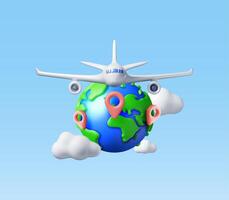 3D Airplane in Clouds and Globe Isolated. Render World Travelling by Plane. World Map with Location Pin. Time to Travel Concept, Holiday Planning. Tourist Worldwide Transportation. Vector Illustration