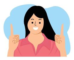 excited lady direct fingers up empty space advising product shopping.eps vector