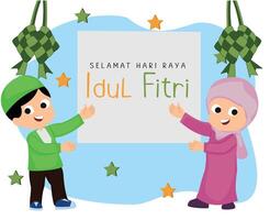 cute muslim boy and girl celebration happy eid al fitr vector