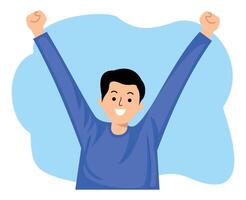 young man euphoric gesture celebrate victory with hand up vector