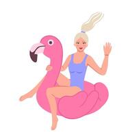 girl sits on an inflatable flamingo. Illustration for printing, backgrounds, covers and packaging. Image can be used for cards, posters, stickers and textile. Isolated on white background. vector