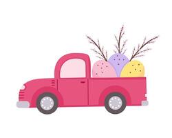 pickup truck with easter eggs. Illustration for printing, backgrounds, covers and packaging. Image can be used for greeting cards, posters, stickers and textile. Isolated on white background. vector