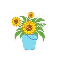 Sunflowers in bucket. Illustration for printing, backgrounds, covers and packaging. Image can be used for greeting cards, posters, stickers and textile. Isolated on white background. vector