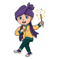 Cute indian boy holding firework character design for diwali festival vector