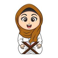Cartoon muslim girls reading Quran vector