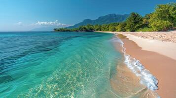 AI generated Sandy Beach With Clear Blue Water and Green Trees photo