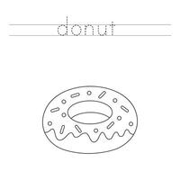 Trace the letters and color cartoon donut. Handwriting practice for kids. vector