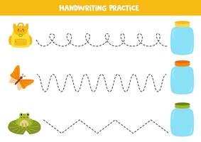 Tracing lines for kids. Cute cartoon colorful jars and items. Handwriting practice. vector