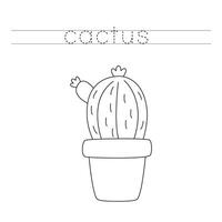 Trace the letters and color cartoon cactus. Handwriting practice for kids. vector