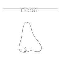 Trace the letters and color cartoon human nose. Handwriting practice for kids. vector