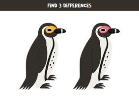 Find 3 differences between two cute cartoon African penguins. vector